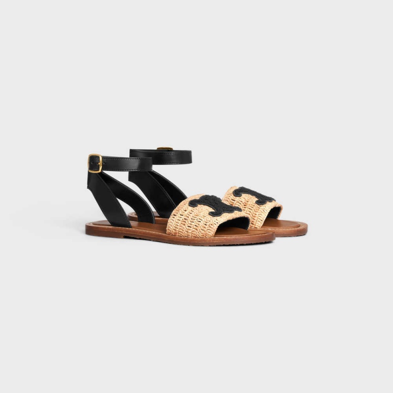 Celine LYMPIA FLAT STRAP in RAFFIA & CALFSKIN Sandals Beige / Black | CL-592578