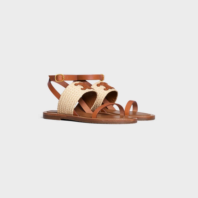 Celine LYMPIA FLAT STRAP in RAFFIA & CALFSKIN - VEGETAL TANNING Sandals Beige / Tan | CL-592577