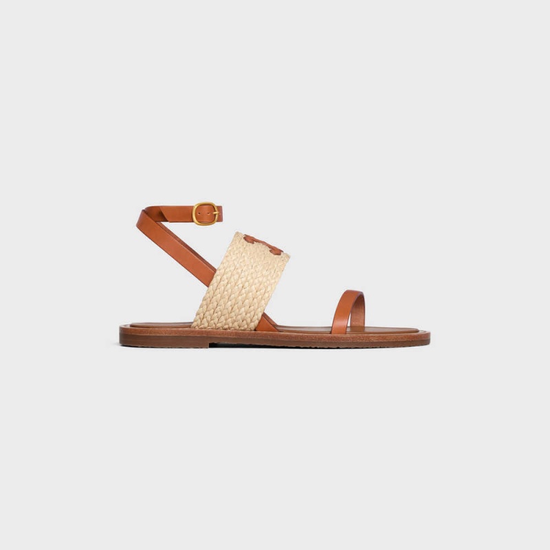 Celine LYMPIA FLAT STRAP in RAFFIA & CALFSKIN - VEGETAL TANNING Sandals Beige / Tan | CL-592577