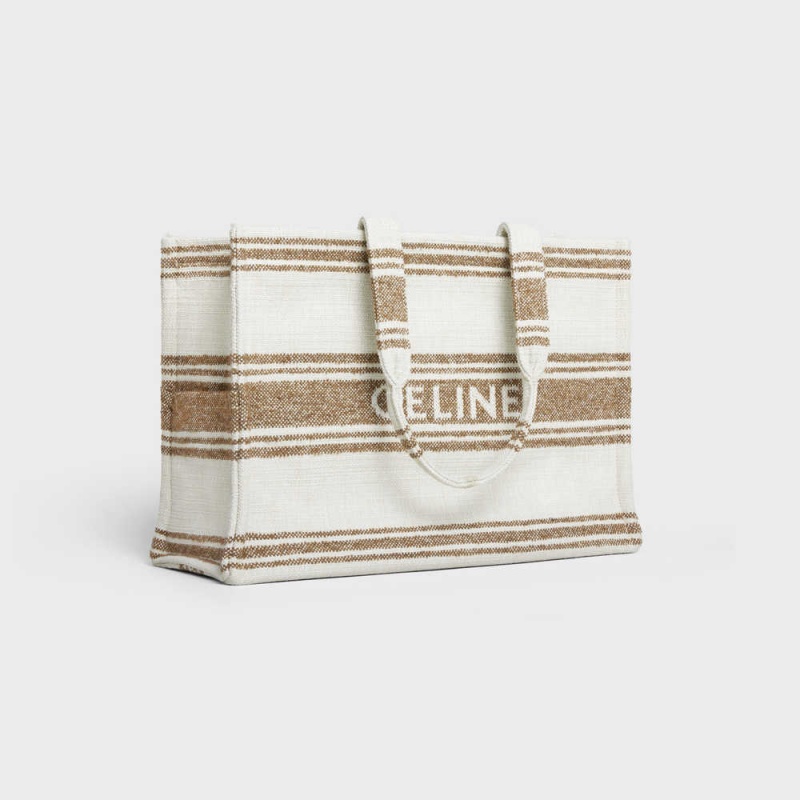 Celine Large Thais in STRIPED TEXTILE WITH JACQUARD Cabas Tobacco / Tan | CL-593074