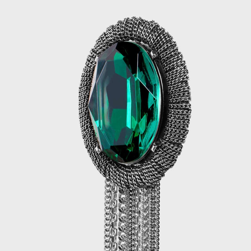 Celine Les Pierres Oval Brooch in Brass with Rhodium Finish and Green Strass Earrings Silver / Green | CL-591676