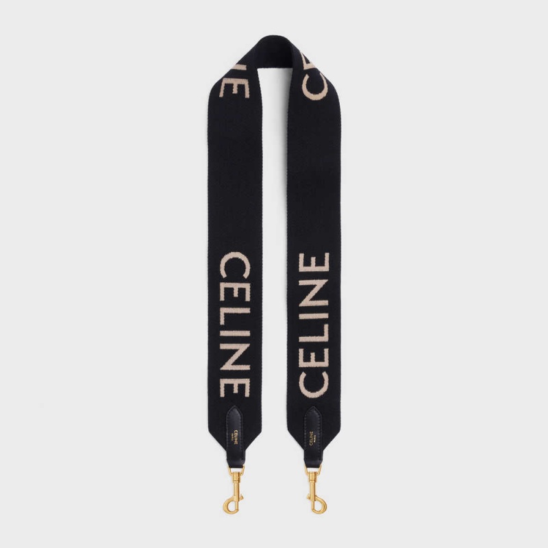 Celine Long Strap in Wool with jacquard Leather Goods Accessories Black / white | CL-592907