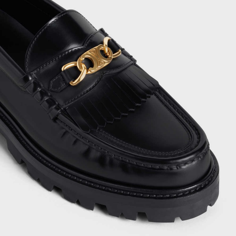 Celine MARGARET WITH TRIOMPHE CHAIN in POLISHED BULL Loafers Black | CL-592524