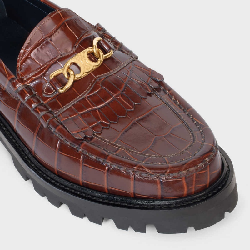 Celine MARGARET WITH TRIOMPHE in CROCODILE STAMPED CALFSKIN Loafers Dark Brown | CL-592523