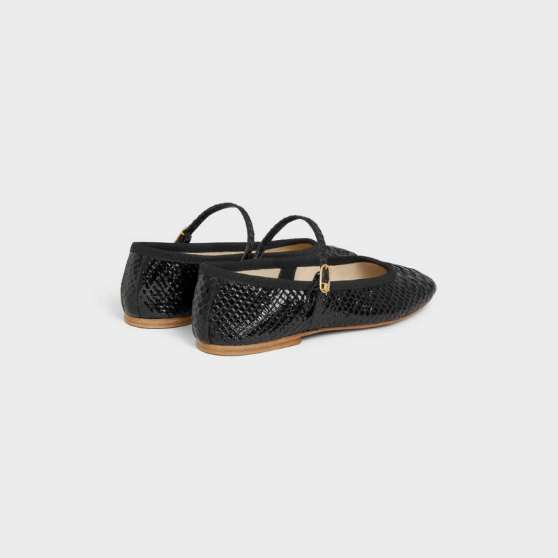 Celine MARY JANE BALLERINA LES BALLERINES in Python Stamped Calfskin Loafers Black | CL-592535