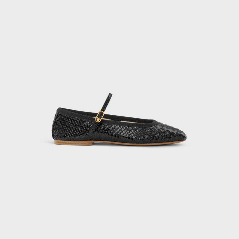 Celine MARY JANE BALLERINA LES BALLERINES in Python Stamped Calfskin Loafers Black | CL-592535