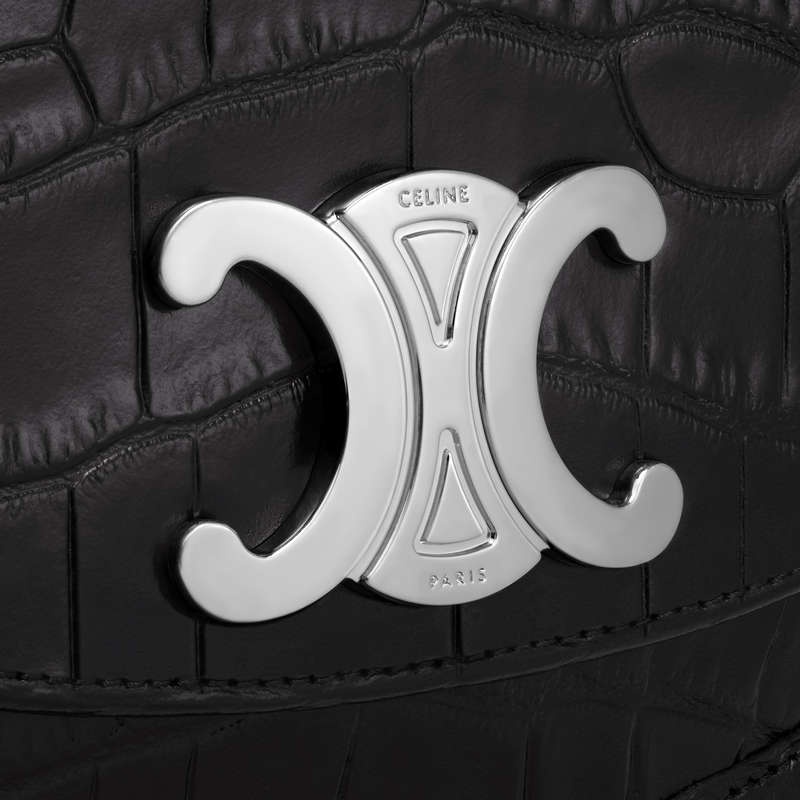 Celine MEDIUM BESACE TRIOMPHE in CROCODILE EMBOSSED CALFSKIN Shoulder Bags Black | CL-591847