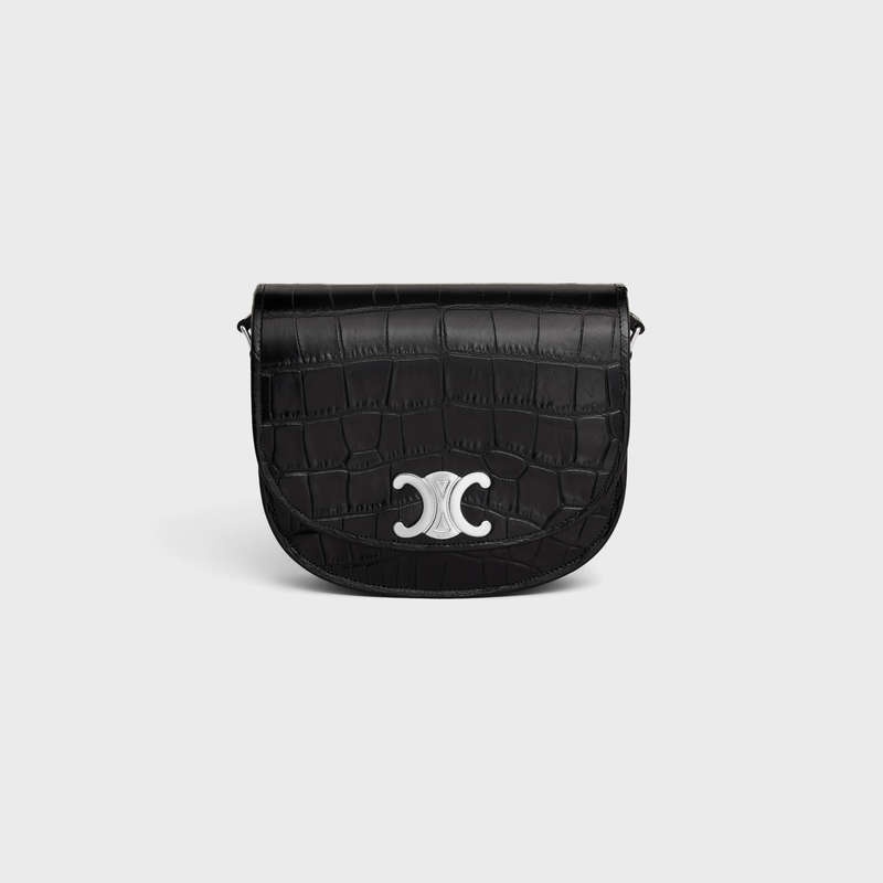 Celine MEDIUM BESACE TRIOMPHE in CROCODILE EMBOSSED CALFSKIN Shoulder Bags Black | CL-591847