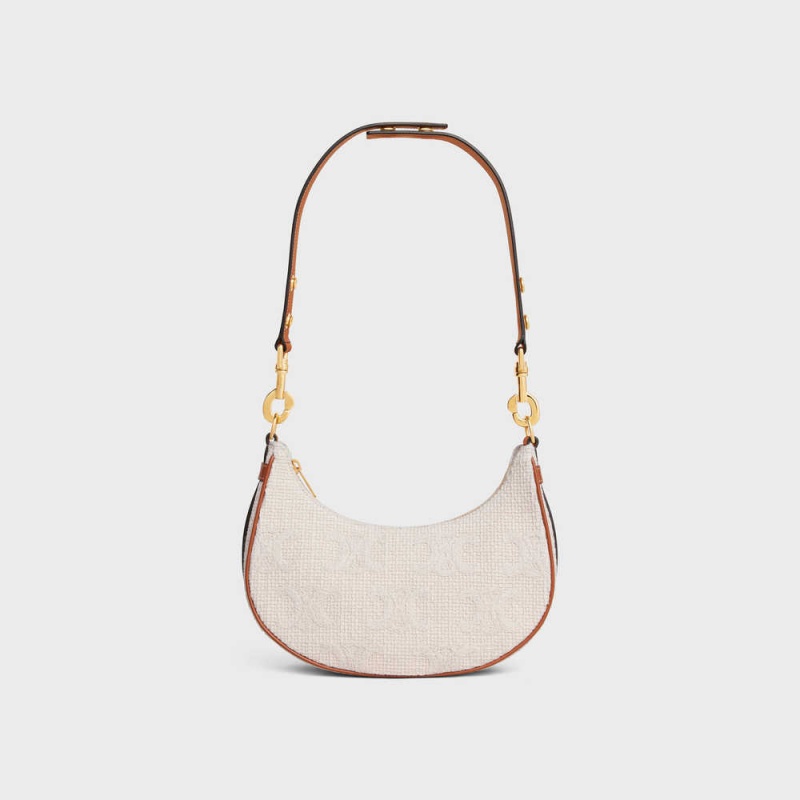 Celine MediumStrap Bag in TEXTILE WITH TRIOMPHE CROCHET EMBROIDERY Ava Natural / Tan | CL-593101