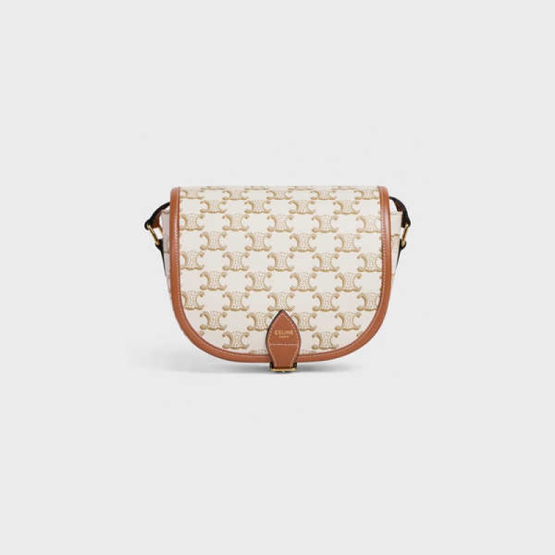 Celine Medium Folco bag in and calfskin Triomphe Canvas White | CL-593127