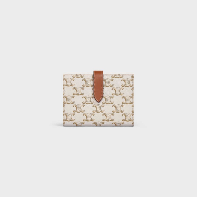 Celine Medium strap in Triomphe Canvas and Lambskin Wallets White/Tan | CL-592993