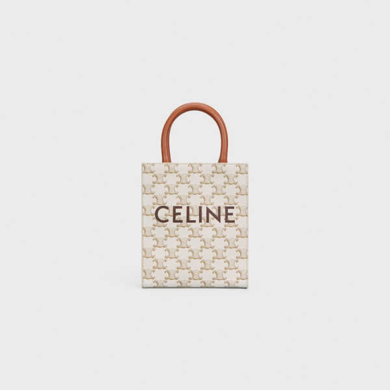 Celine Mini Vertical Cabas in and calfskin with print Triomphe Canvas White | CL-593136