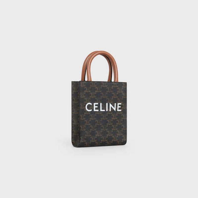 Celine Mini Vertical Cabas in and calfskin with print Triomphe Canvas Tan | CL-593134