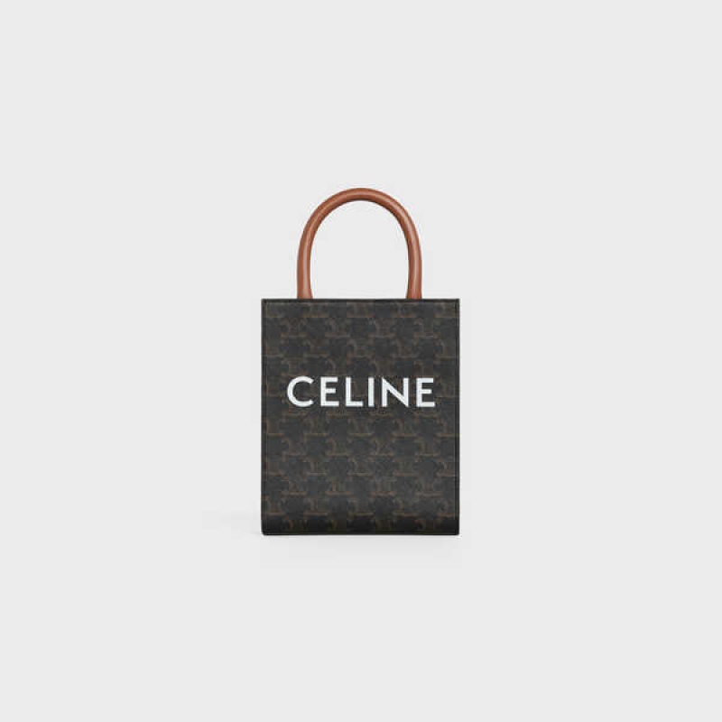 Celine Mini Vertical Cabas in and calfskin with print Triomphe Canvas Tan | CL-593134