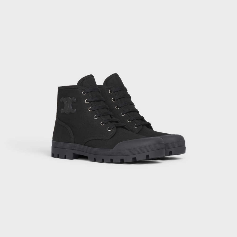 Celine PATAPANS LACE UP WITH TRIOMPHE PATCH in CANVAS Boots Black | CL-592497