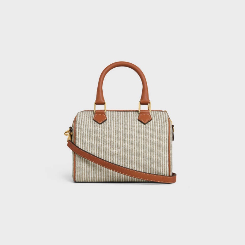 Celine SMALL BOSTON in STRIPED TEXTILE AND CALFSKIN Cuir Triomphe Beige | CL-593151