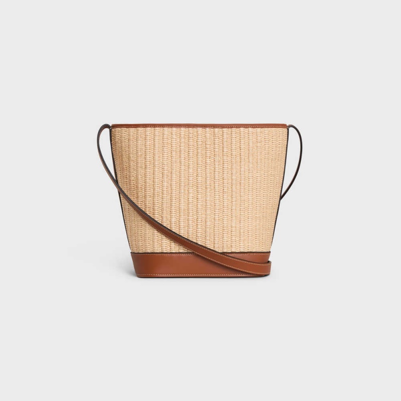 Celine SMALL BUCKET in RAFFIA EFFECT TEXTILE AND CALFSKIN Cuir Triomphe Natural / Tan | CL-593165