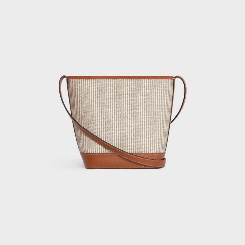 Celine SMALL BUCKET in STRIPED TEXTILE AND CALFSKIN Cuir Triomphe Beige | CL-593147