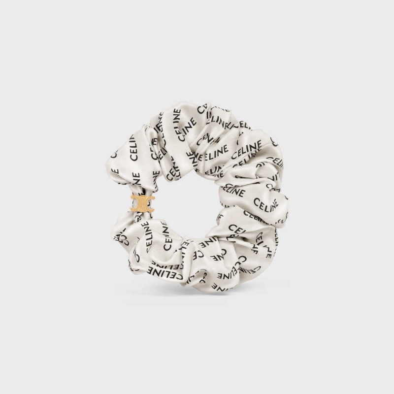 Celine Scrunchy Rayure in Brass with Gold finish and Silk Hair Accessories Gold & White | CL-592328