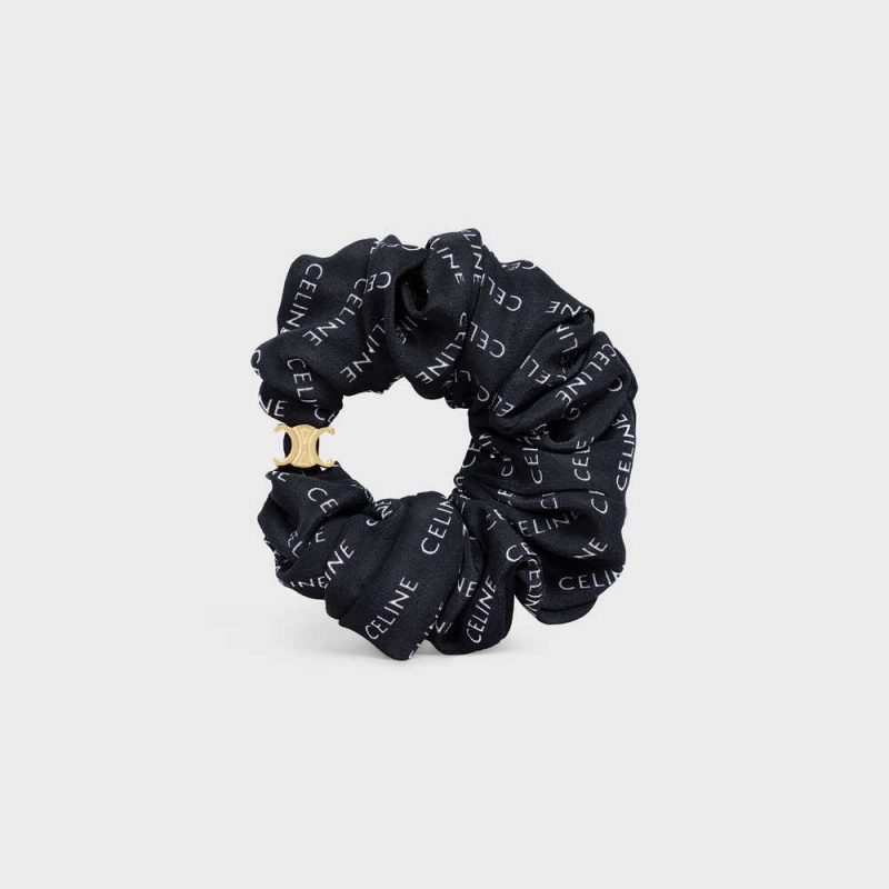 Celine Scrunchy Rayure in Brass with Gold finish and Silk Hair Accessories Gold / Black | CL-592325