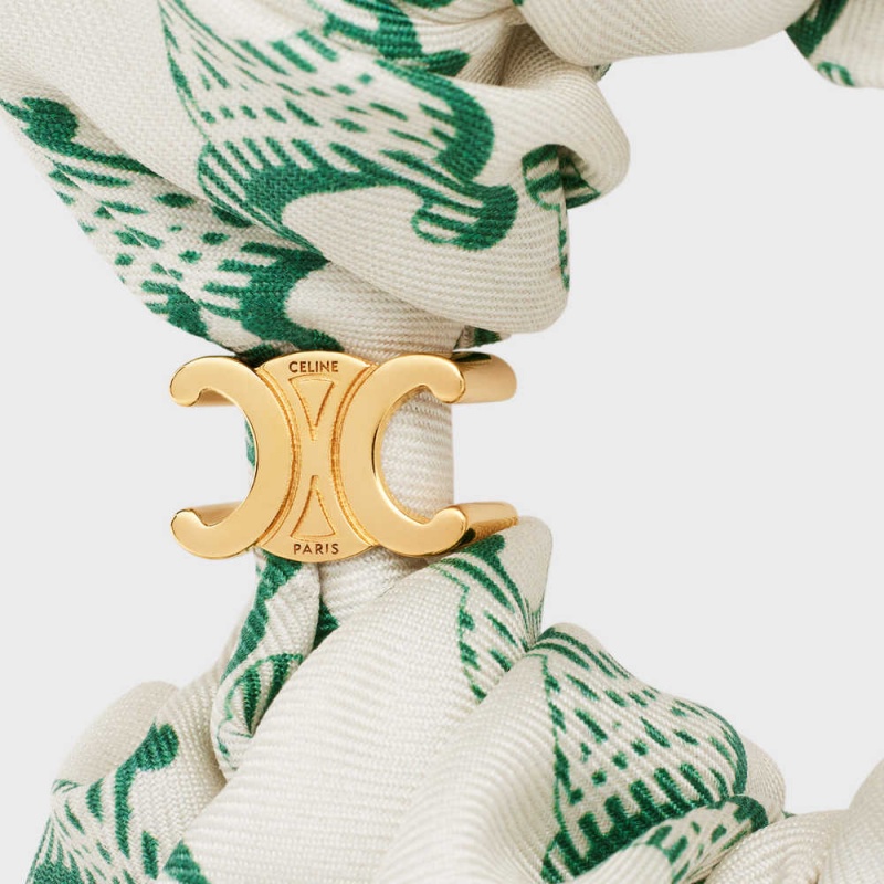 Celine Scrunchy Triomphe in Brass with Gold Finish and Silk Hair Accessories Gold/White/Green | CL-592331