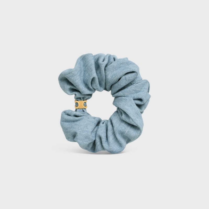 Celine Scrunchy in Brass with Gold Finish and Denim Hair Accessories Gold / Blue | CL-592330