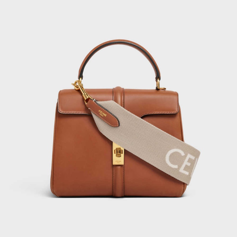 Celine Short Strap in Wool with jacquard with GOLD FINISHING Leather Goods Accessories Beige/White | CL-592915