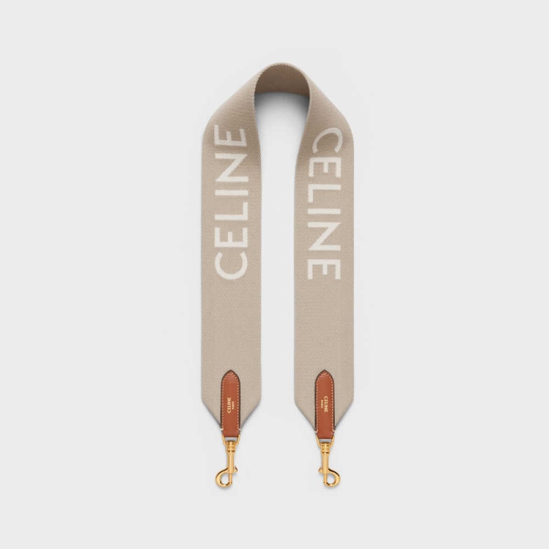 Celine Short Strap in Wool with jacquard with GOLD FINISHING Leather Goods Accessories Beige/White | CL-592915