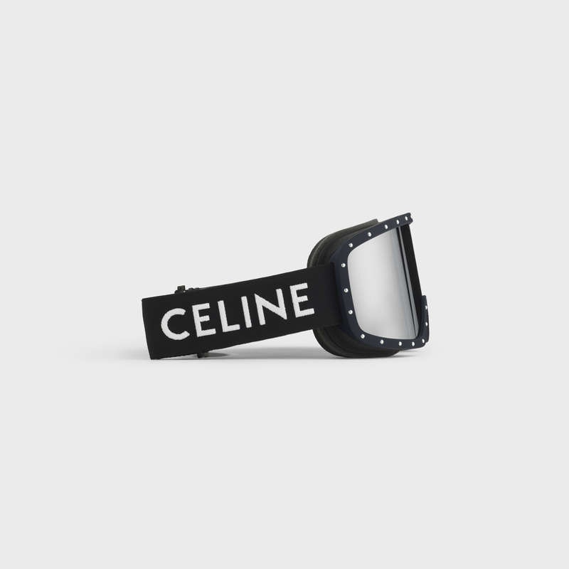 Celine Ski Mask in Plastic with Metal Studs & Mirror Lenses Sunglasses Black/Black | CL-591761