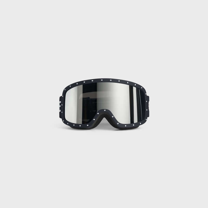 Celine Ski Mask in Plastic with Metal Studs & Mirror Lenses Sunglasses Black/Black | CL-591761