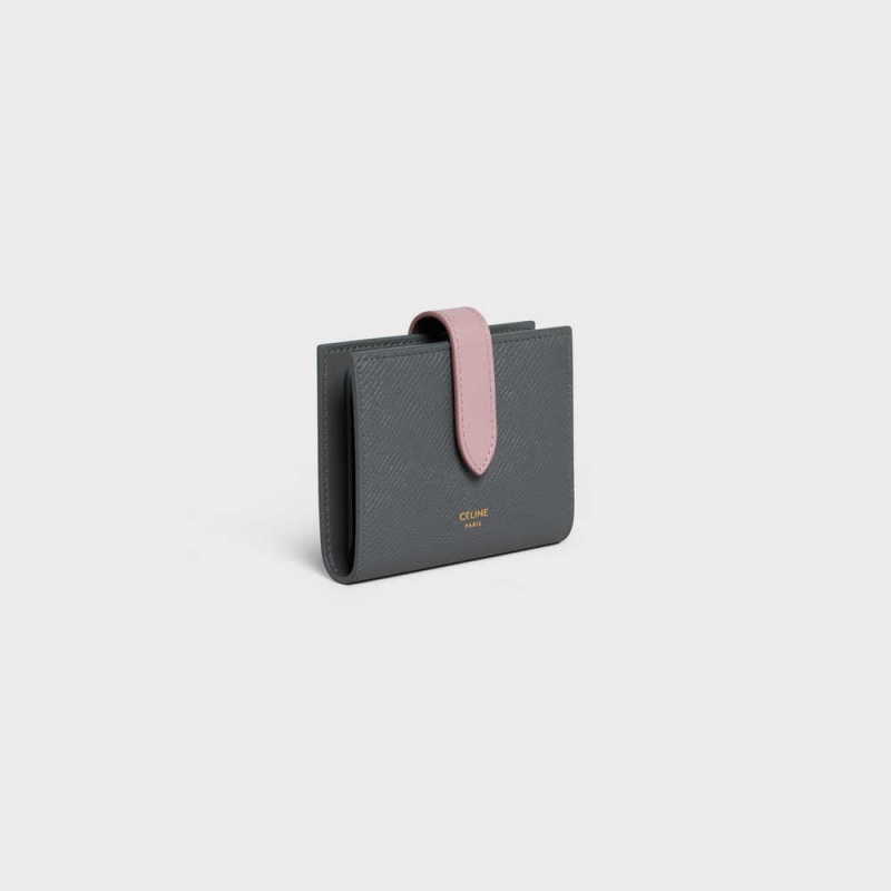 Celine Small Strap Essentials in Bicolour Grained Calfskin Wallets Grey / Vintage Pink | CL-592986