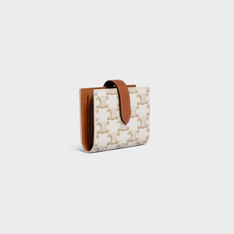 Celine Small Strap Essentials in Triomphe Canvas and Lambskin Wallets White/Tan | CL-592988