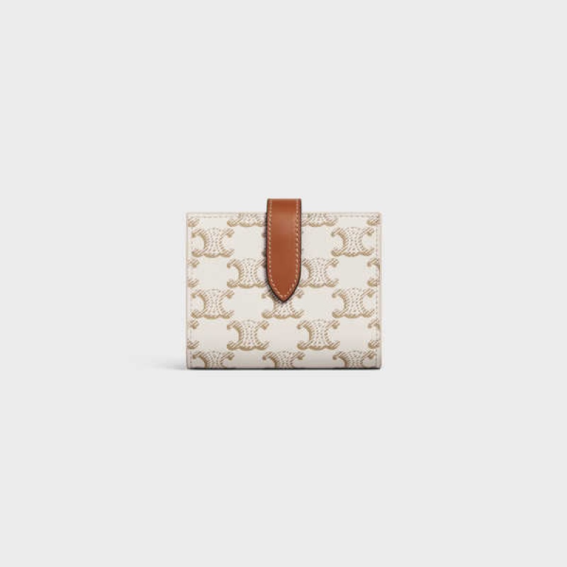 Celine Small Strap Essentials in Triomphe Canvas and Lambskin Wallets White/Tan | CL-592988