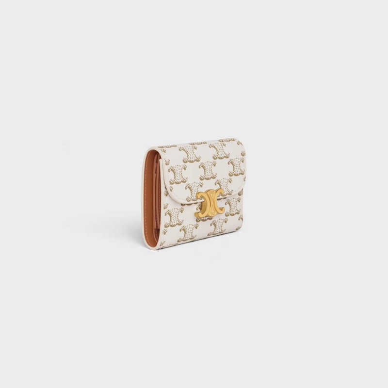 Celine Small TRIOMPHE in Triomphe Canvas Wallets White/Tan | CL-592978