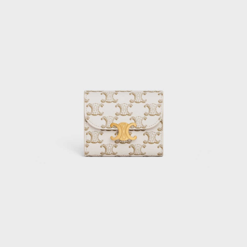 Celine Small TRIOMPHE in Triomphe Canvas Wallets White/Tan | CL-592978