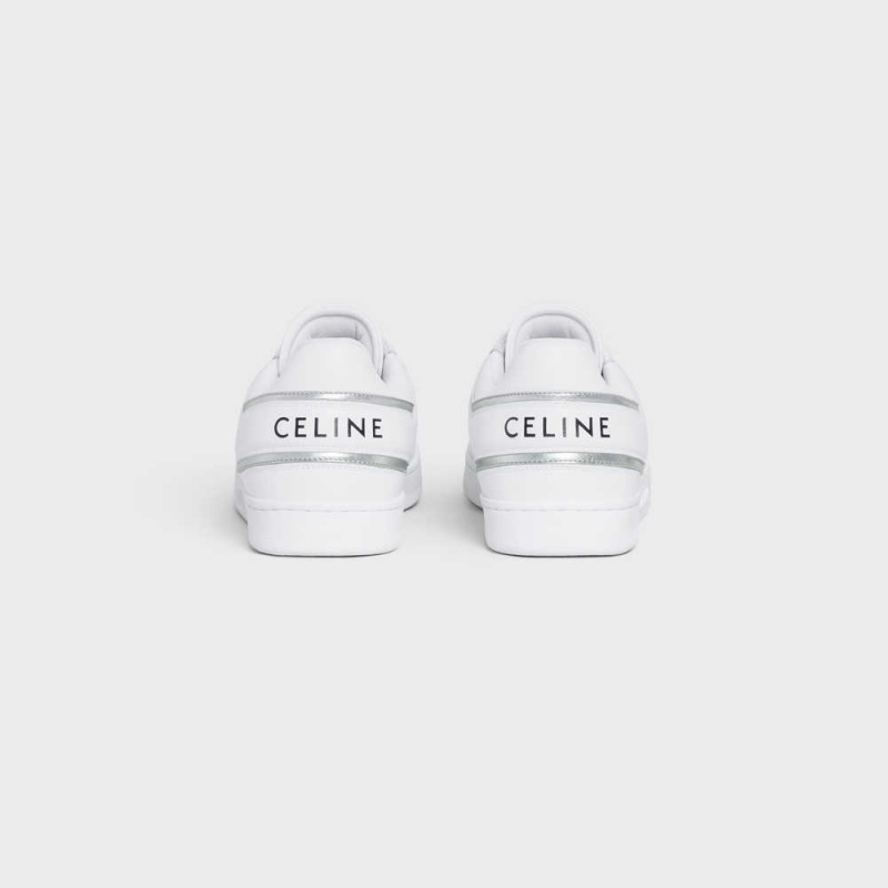 Celine TRAINER LOW LACE-UP in CALFSKIN & LAMINATED CALFSKIN Sneakers Optic White/Silver | CL-592550