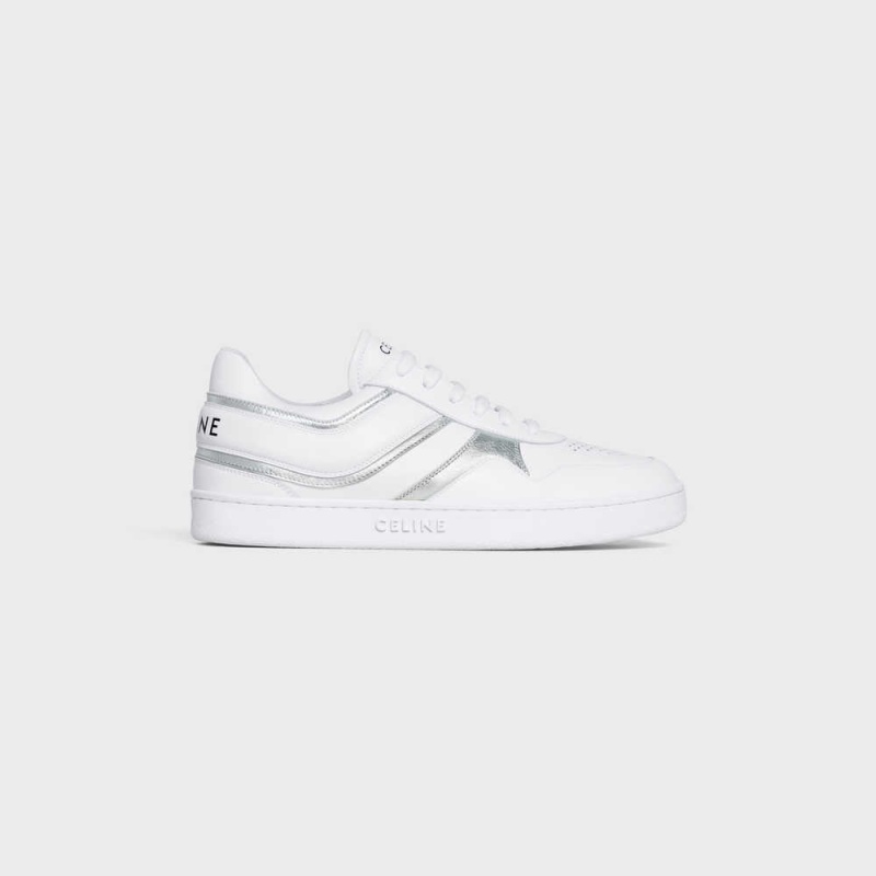 Celine TRAINER LOW LACE-UP in CALFSKIN & LAMINATED CALFSKIN Sneakers Optic White/Silver | CL-592550