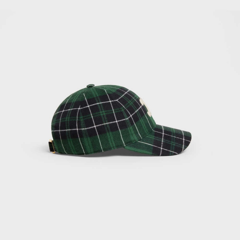 Celine TRIOMPHE BASEBALL IN CHECKED FLANNEL Cap green / black | CL-592359