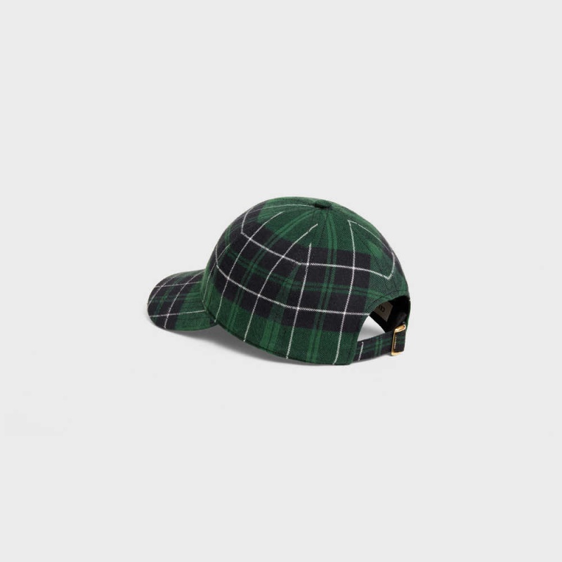 Celine TRIOMPHE BASEBALL IN CHECKED FLANNEL Cap green / black | CL-592359