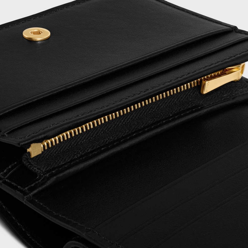 Celine TRIOMPHE COMPACT in Shiny calfskin Wallets Black | CL-592964