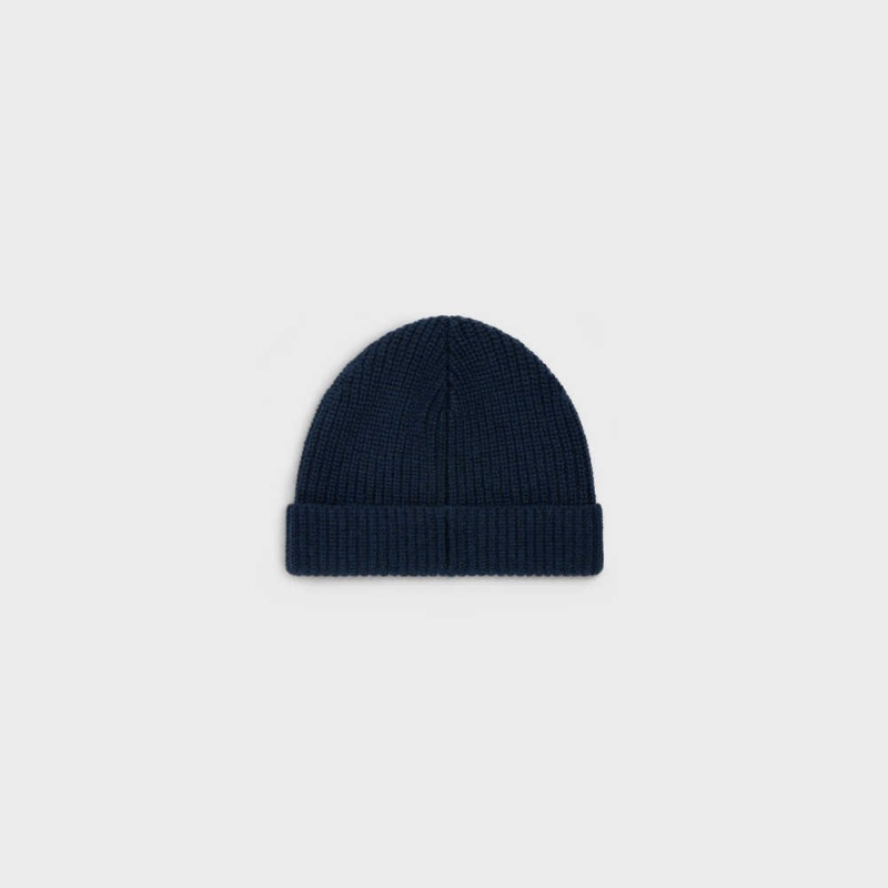 Celine TRIOMPHE EMBROIDERED BEANIE IN HERITAGE CASHMERE Hat Navy | CL-592371