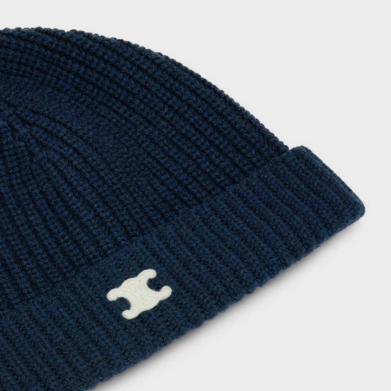 Celine TRIOMPHE EMBROIDERED BEANIE IN HERITAGE CASHMERE Hat Navy | CL-592371