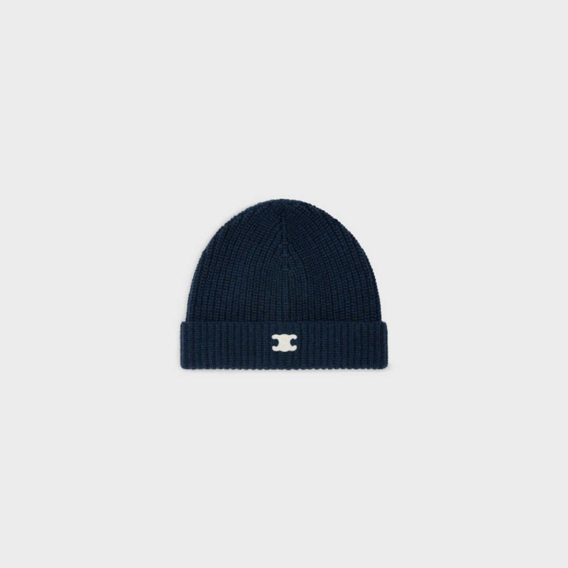 Celine TRIOMPHE EMBROIDERED BEANIE IN HERITAGE CASHMERE Hat Navy | CL-592371