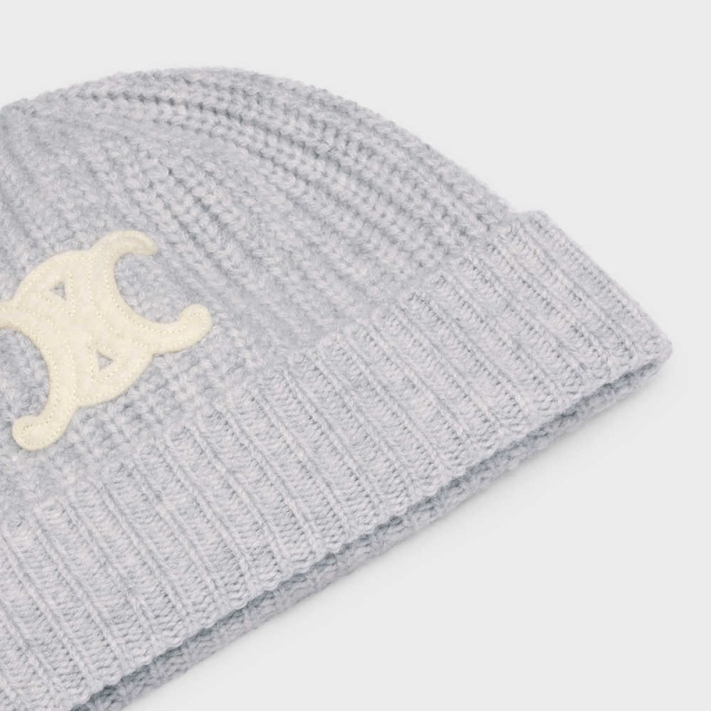 Celine TRIOMPHE EMBROIDERED BEANIE IN SEAMLESS CASHMERE Hat Light Grey | CL-592370