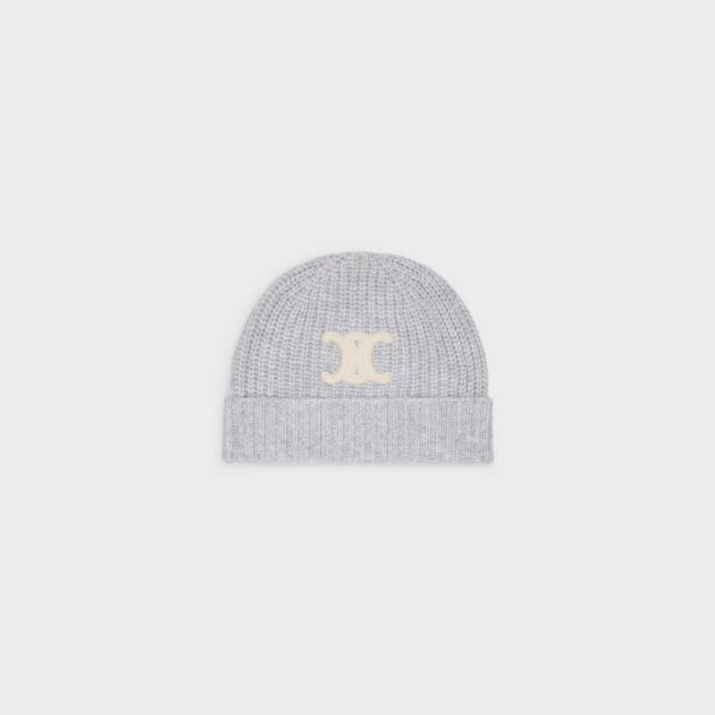 Celine TRIOMPHE EMBROIDERED BEANIE IN SEAMLESS CASHMERE Hat Light Grey | CL-592370