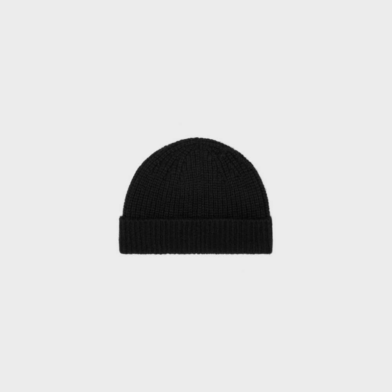 Celine TRIOMPHE EMBROIDERED BEANIE IN SEAMLESS CASHMERE Hat Black | CL-592368