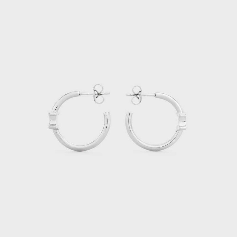 Celine Triomphe Asymmetric Hoops in Brass with Rhodium Finish Earrings Silver | CL-592296