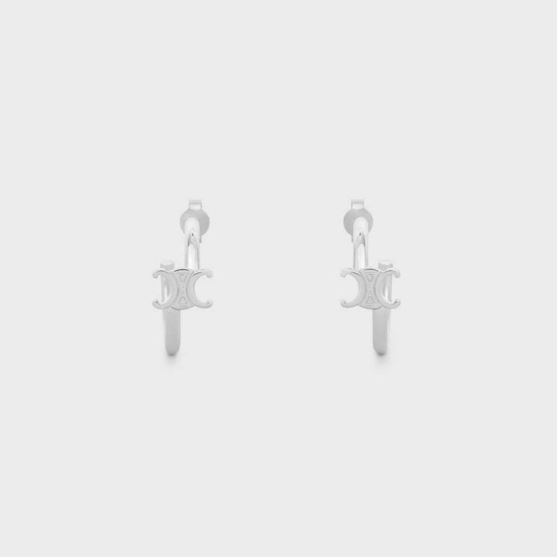 Celine Triomphe Asymmetric Hoops in Brass with Rhodium Finish Earrings Silver | CL-592296