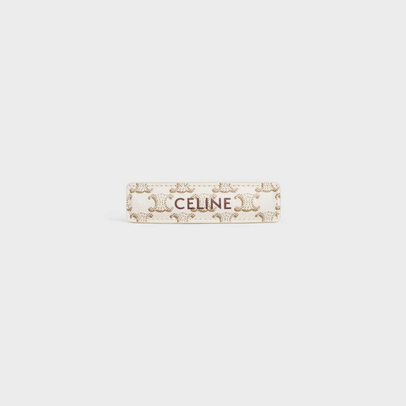 Celine Triomphe Canvas Hair Clip in Calfskin, Steel and Canvas Hair Accessories Gold / White | CL-592335