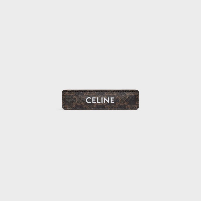 Celine Triomphe Canvas Hair Clip in Calfskin, Steel and Canvas Hair Accessories Gold / Tan | CL-592334